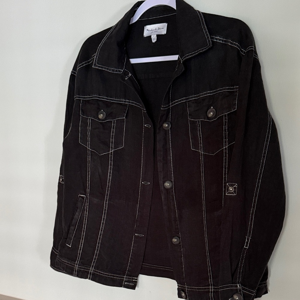 Michael Stars 100% linen jacket top with white stitching and roll up sleeve tabs